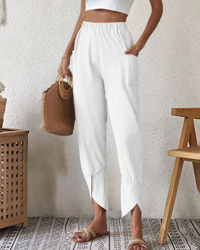 High Waist Wide Leg Palazzo Lounge Pants Smocked Elastic Waist Cotton Pants