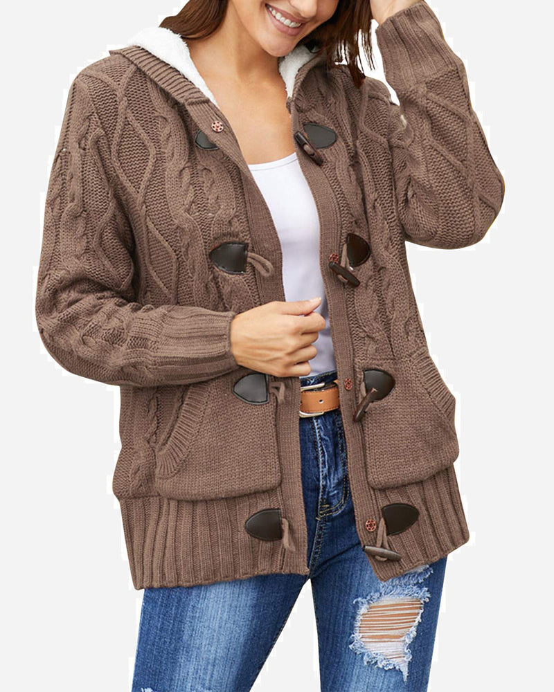 Casual Loose Fitting Fluffy Button Down Knitwear Coatigan Chunky Cable Hooded Cardigan