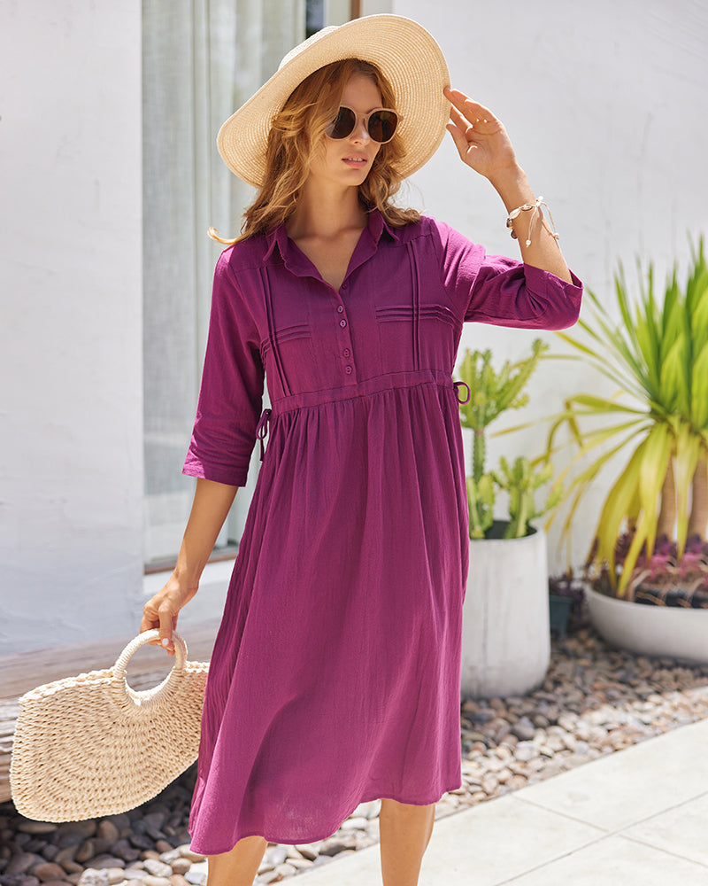 Casual Lapel Neck Button Long Sleeve Drawstring Cotton Linen Shirt Dress