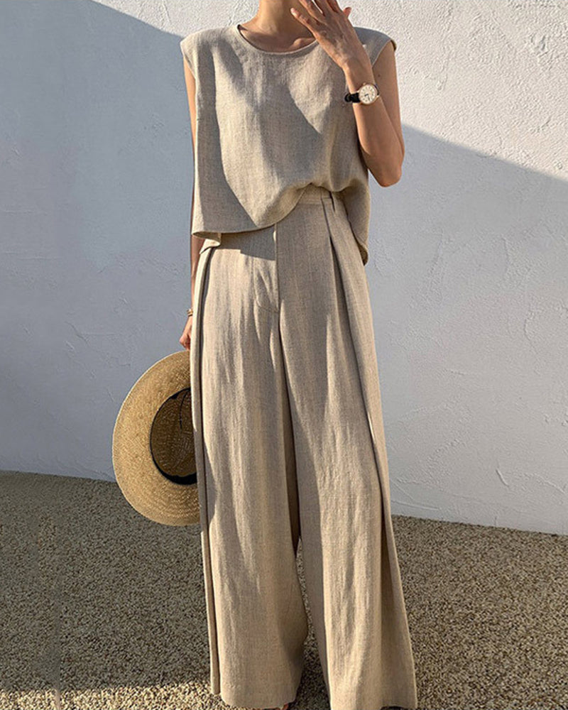 Sleeveless Suits Solid Sets Crew Neck Tank Tops And Wide Leg Long Trousers