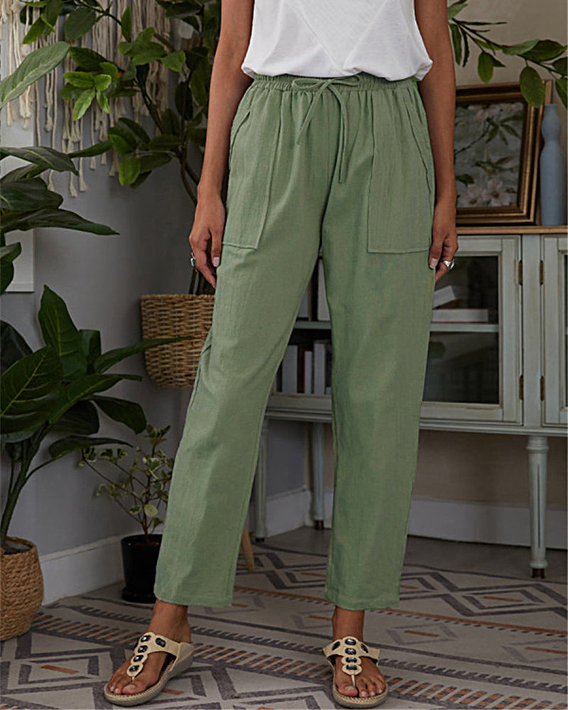 Drawstring Elastic Waist Straight Trousers Pants with Pockets