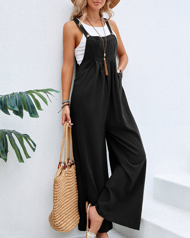 Solid Color Sleeveless Sling Pocket Wide Leg Side Button Plus Size Jumpsuits