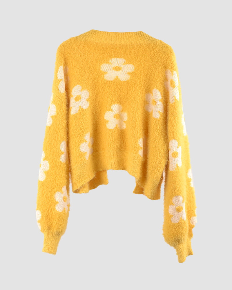 Cute Daisy Knit Cardigan Long Sleeve Casual Flower Open Front Sweater Tops