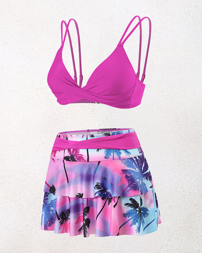 Split High-waisted Lotus Leaf Edge Printing Bikini Swimsuit