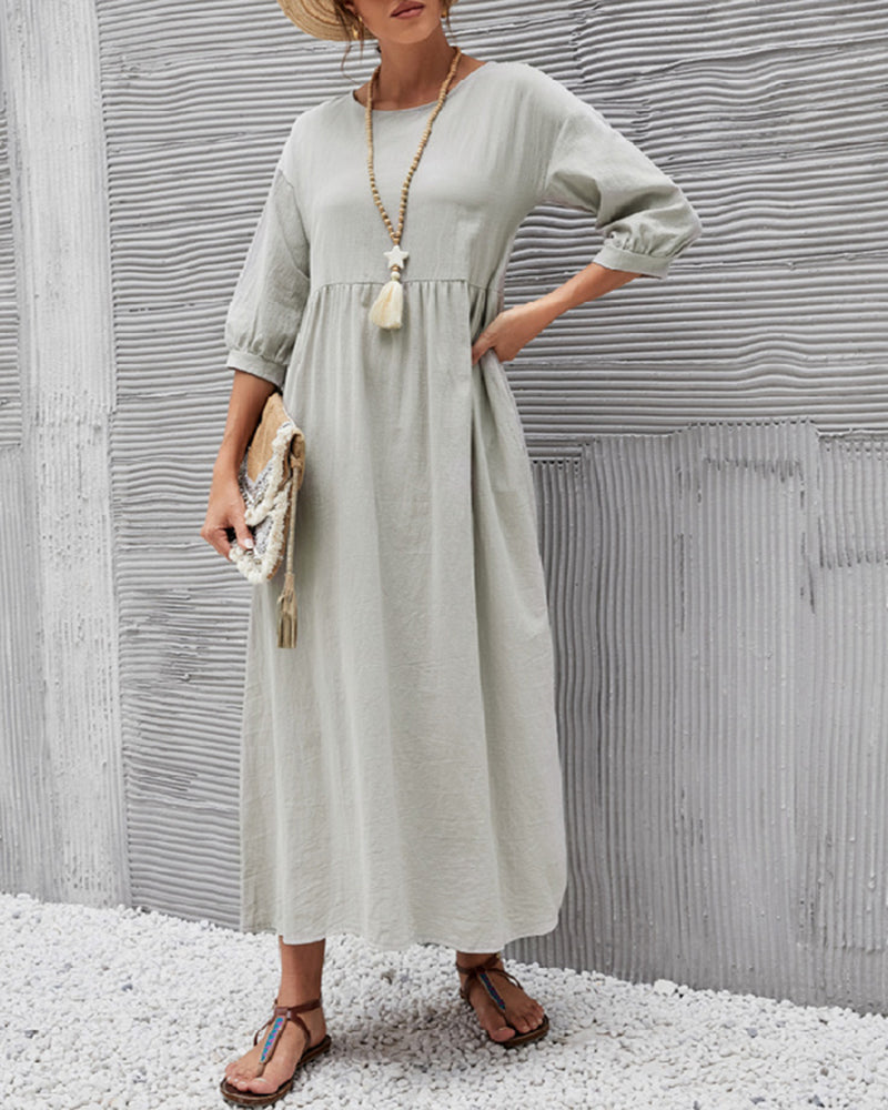 Lantern Sleeve Long Dress Solid Color Loose Crew Neck Mid Waist Dresses with Pockets