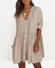 Half Sleeve Summer Shirt Dress V Neck Button Down Casual Loose Flowy Swing Mini Dress with Pockets