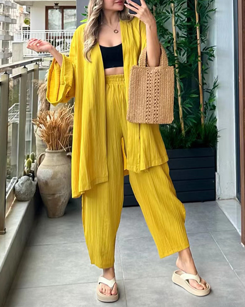 Casual Comfort Set Loose Cardigan Top & High-Waist Wide-Leg Pants with Pockets