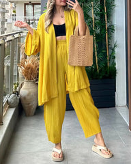 Casual Comfort Set Loose Cardigan Top & High-Waist Wide-Leg Pants with Pockets
