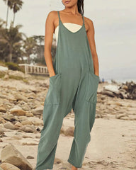 Loose V Neck Harem Jumpsuits Sleeveless Spaghetti Strap Baggy Overalls with Pocket