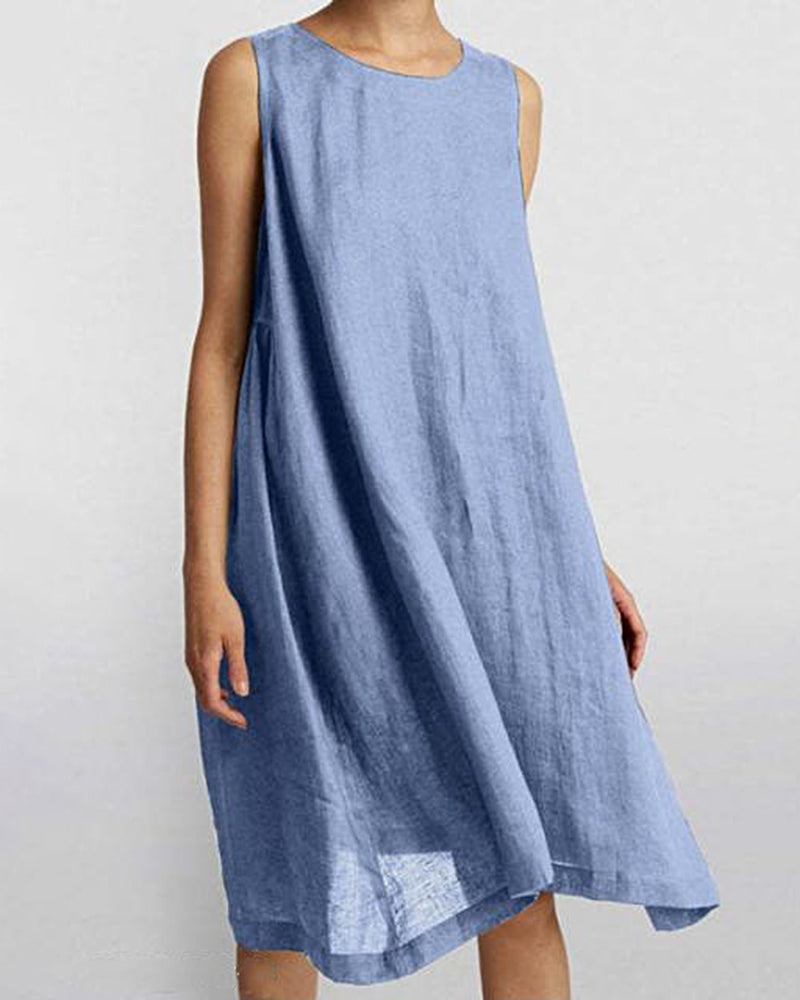 Cotton Linen Dress Sleeveless Crew Neck Loose Baggy Dress