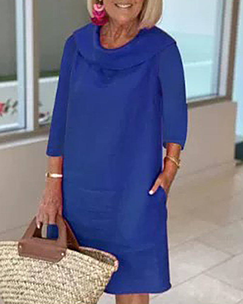 Stitching Round Neck Casual Style Solid Color Long Sleeve Dress