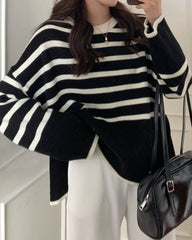 Round Neck Striped Sweater Top Loose Side Slit Pullover Sweater