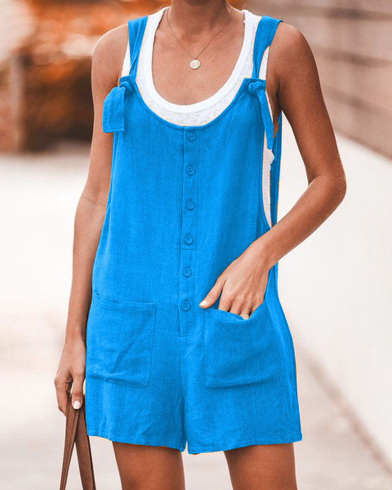 Sleeveless Baggy Fit Overall Strappy Tie Knot Shorts Jumpsuit Csaual Cute Rompers with Plus Size Patch Pockets