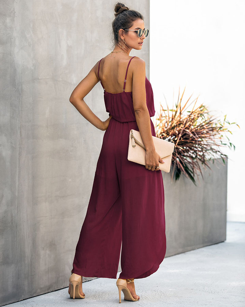 V-neck Suspenders Wide-leg Side Slit Women's Jumpsuit