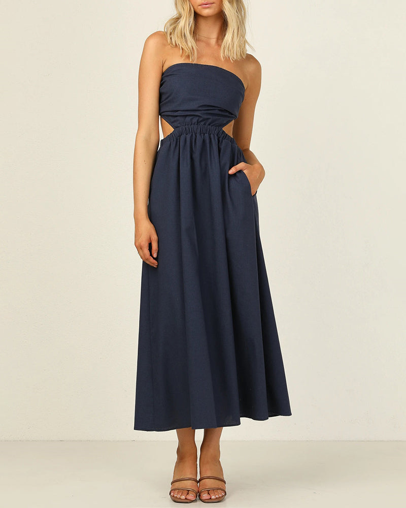 Summer Strapless Dress Off Shoulder Sexy Wrap Dress Solid Color Beach Dress
