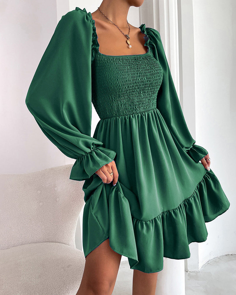 Square Neck Long Sleeve Shirred Ruffle Hem Dresses High Waist A Line Knee Length Elegant Mini Dress