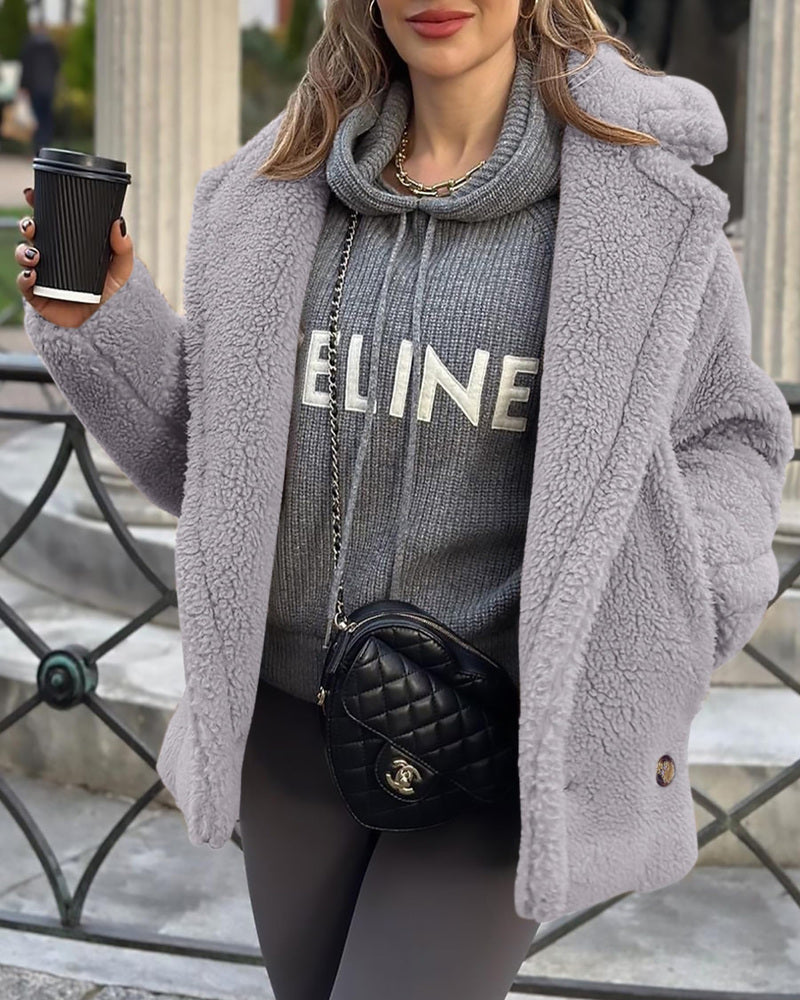 Lapel Fleece Jacket Long Sleeve Pockets Faux Fur Dressy Fall Outfits