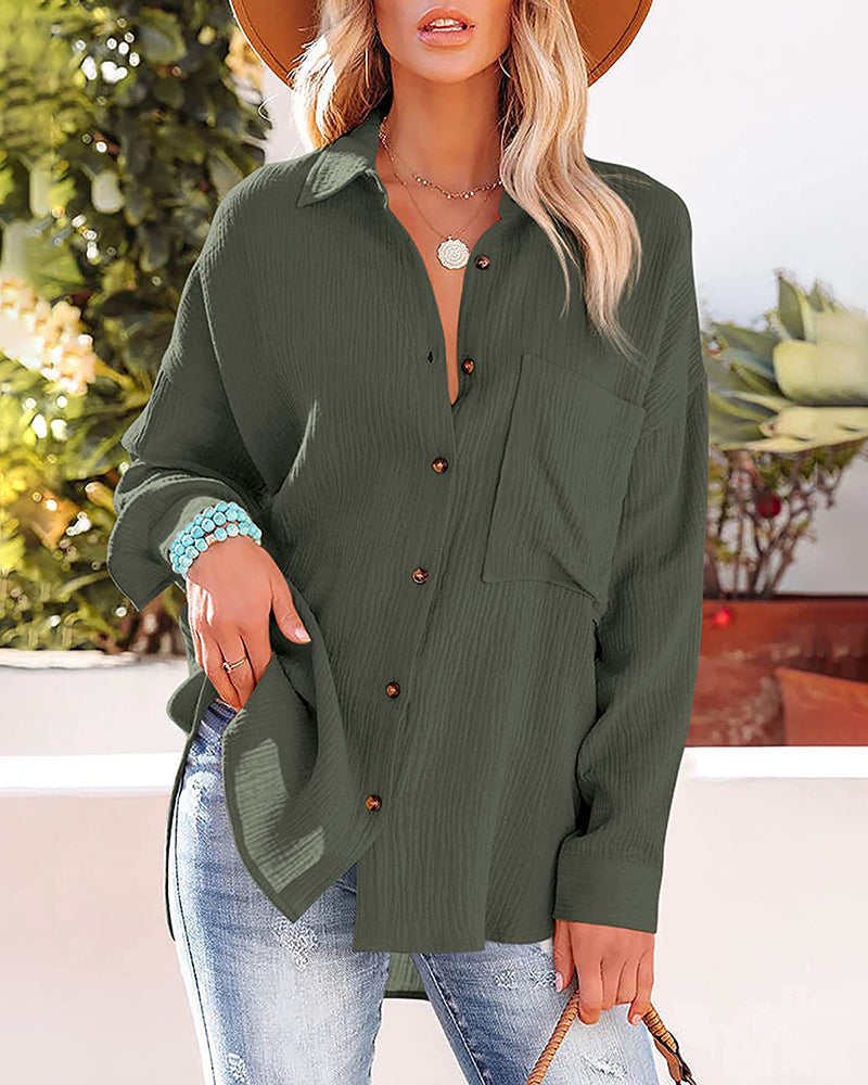 Crinkle Crepe Casual Top Button-Down Long Sleeve Shirt Loose Blouse with Pocket