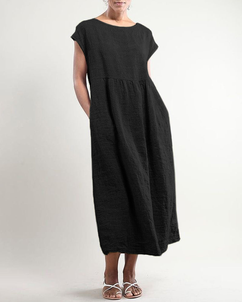 Casual Solid Linen Crew Neck Maxi Smock Dress Loose Baggy Ruffle Long Dresses with Pockets