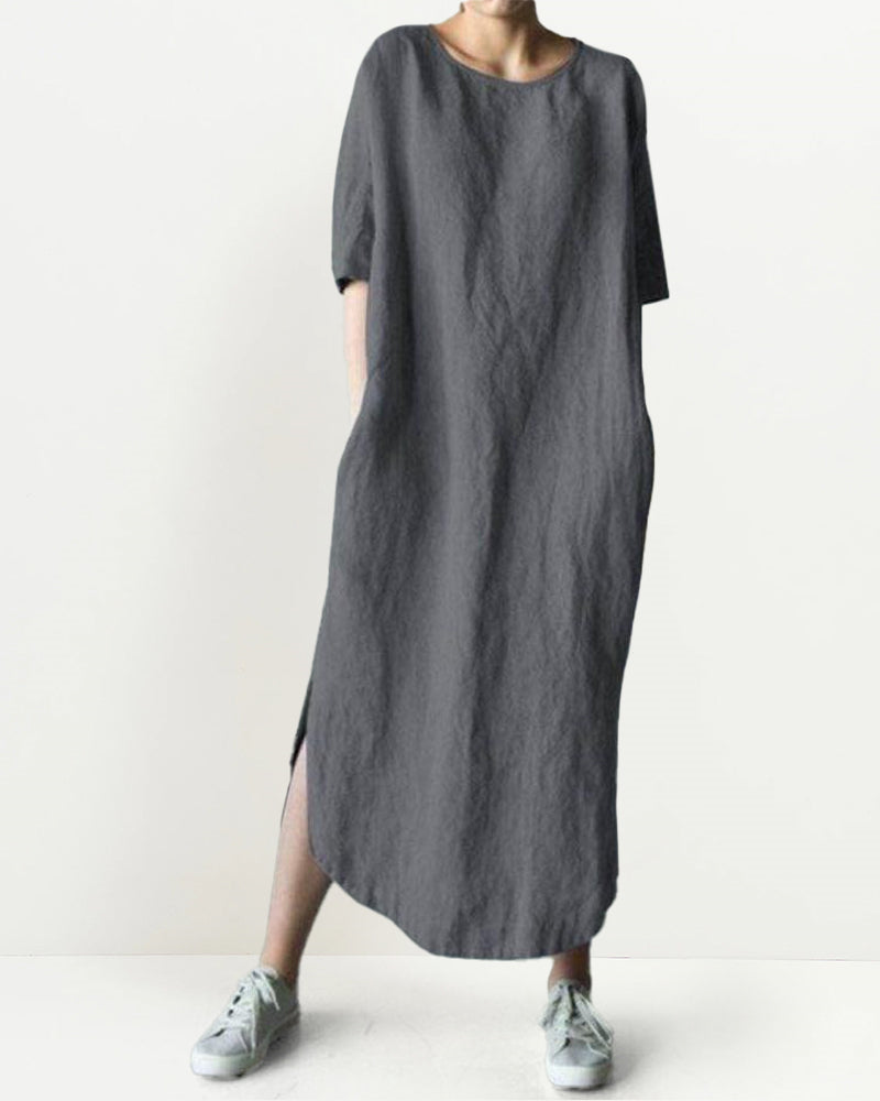 Loose O-Neck Casual Baggy Pockets Short Sleeve Split Long Dress