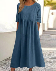 Beach Short Sleeve Scoop Neck Ruffle Swing Casual Boho Midi Dress with Pockets