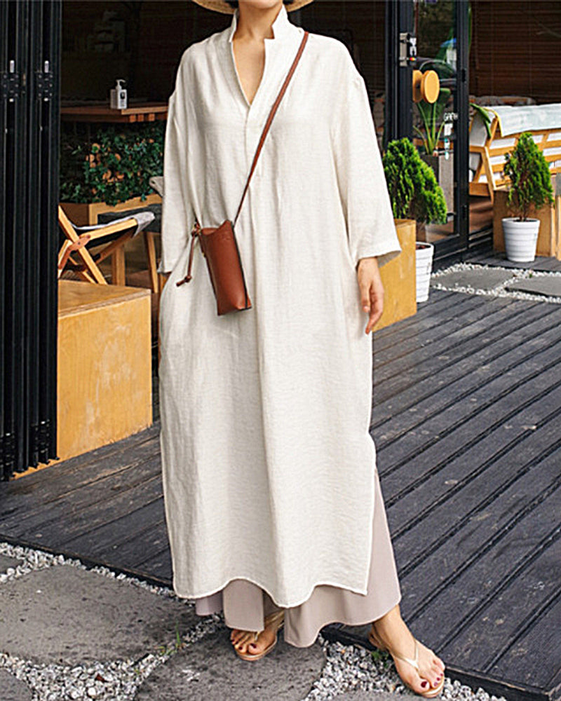 Casual Loose Long Sleeve Solid Color V-Neck Summer Maxi Shirt Dress