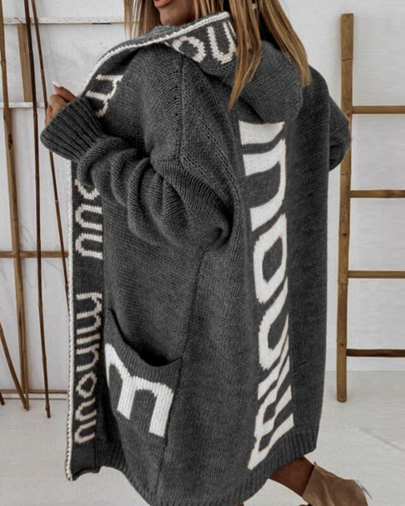 Long Elegant Stripe Cardigan Wool Long Sleeve Hooded Letter Knitted Coat