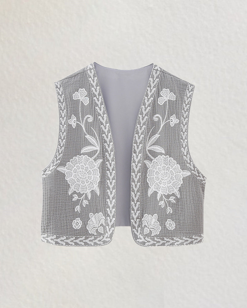 Retro Floral Embroidered Gillet Ethnic Weatern Vest Jacket Sleeveless Cardigan Crop Top