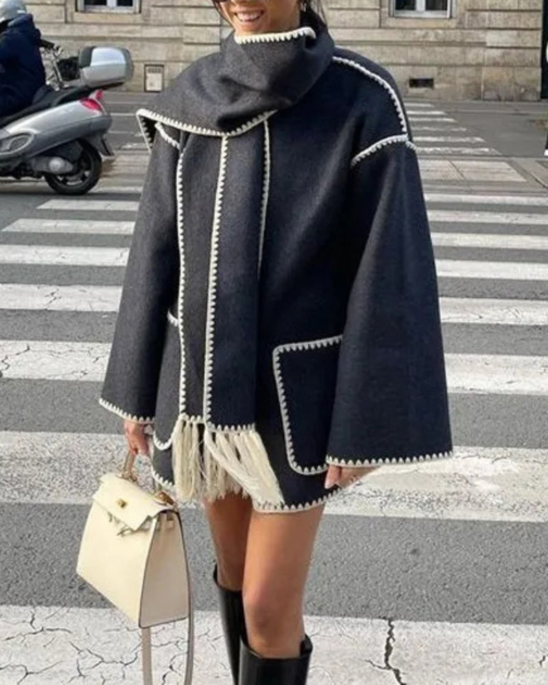 Women's Thickened Loose Woolen Coat with Fringed Scarf