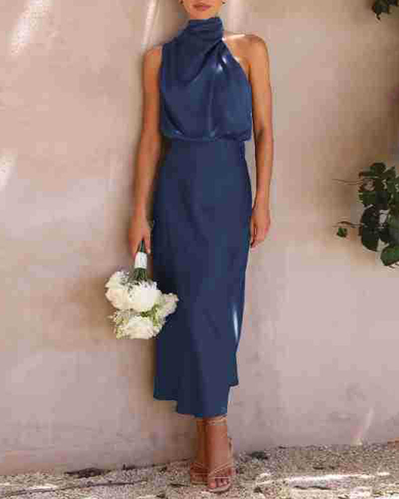 Long Formal Satin Dress Mock Neck High Neck Evening Dress
