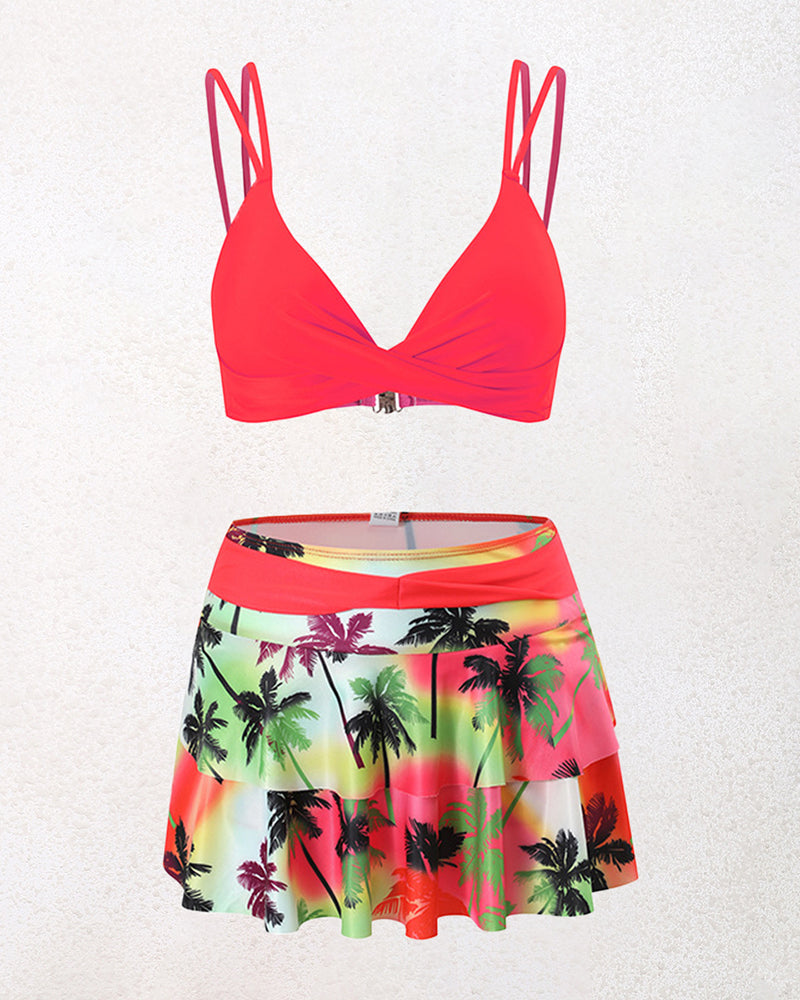 Split High-waisted Lotus Leaf Edge Printing Bikini Swimsuit