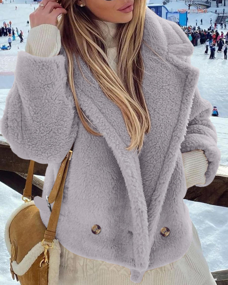 Lapel Fleece Jacket Long Sleeve Pockets Faux Fur Dressy Fall Outfits