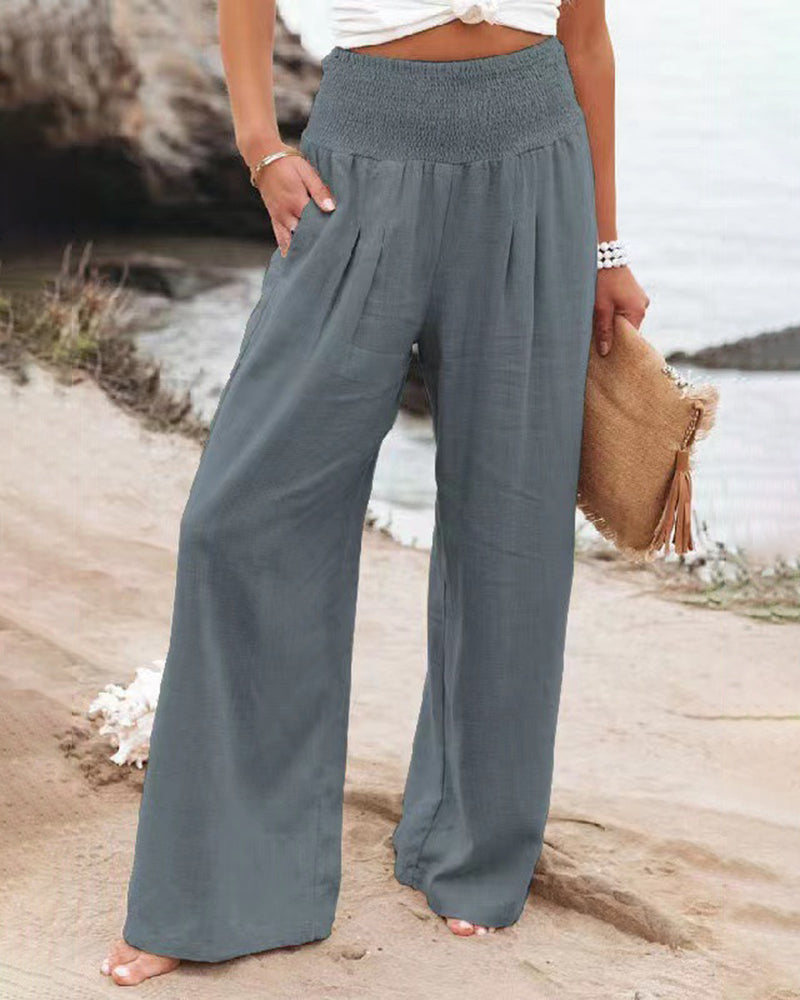 Pocketed Smocked High Waist Wide Leg Pajama Lounge Palazzo Pants