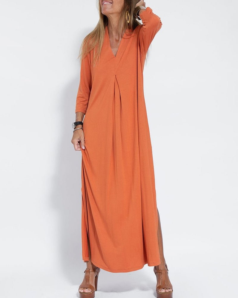 Solid Color Long Sleeve V-Neck Comfy Dresses