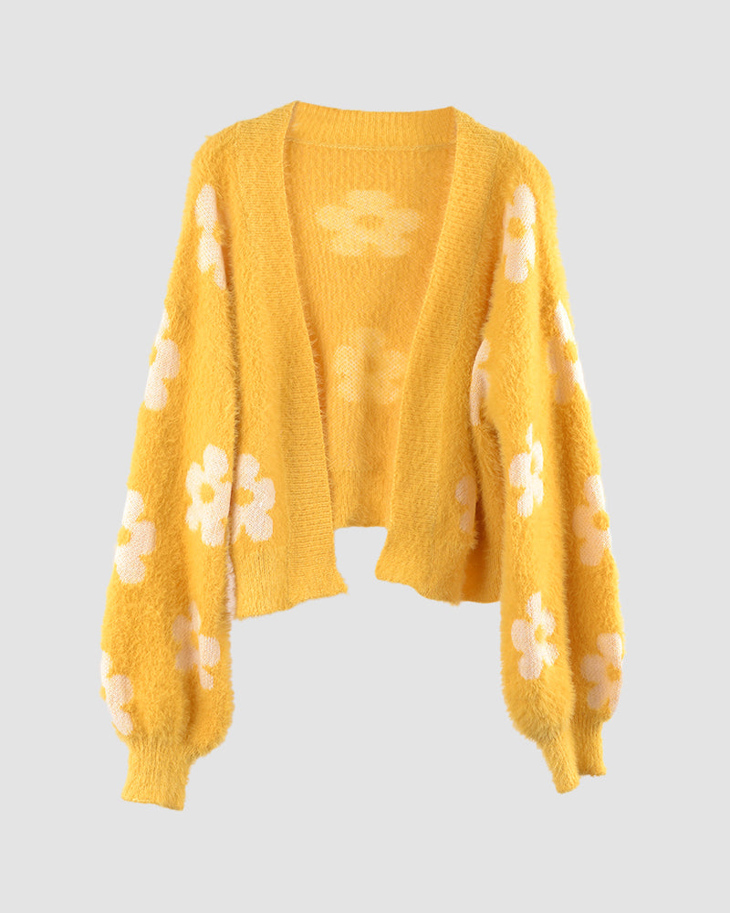 Cute Daisy Knit Cardigan Long Sleeve Casual Flower Open Front Sweater Tops