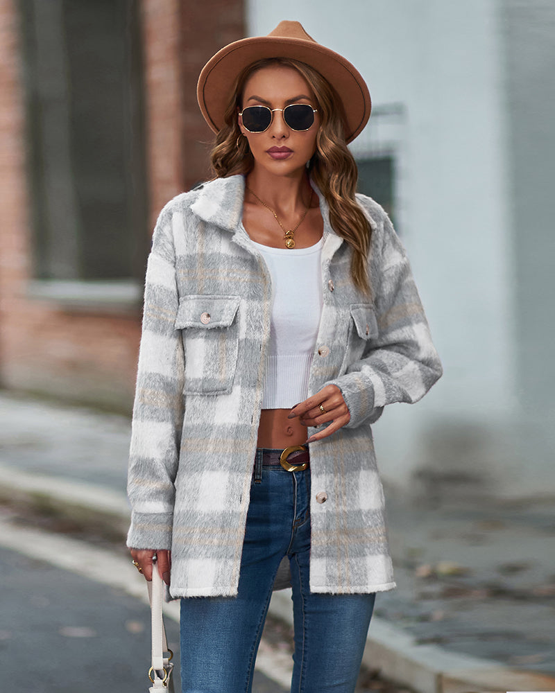 Plaid Fuzzy Longline Jacket with Pockets