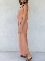 Square Neck Sleeveless Button Crop Tank Top and Elastic Wide Leg Pants Set