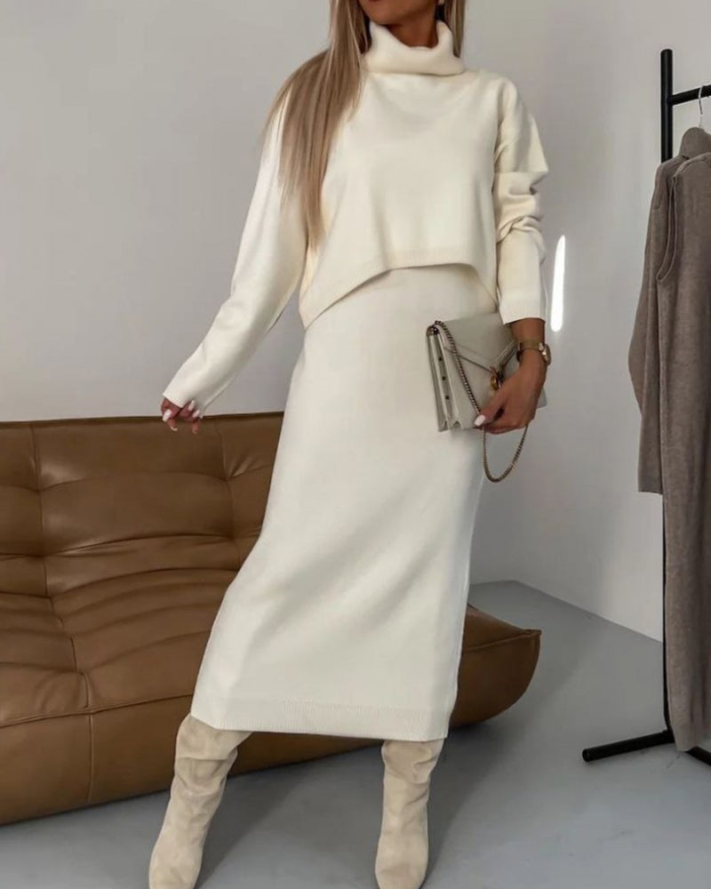 Elegant Two-piece Set Midi Dress and Turtle Neck Sweater Skirt Set