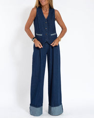 Casual Denim Two-piece Set Sleeveless Vest and Long Wide-leg Jeans Pants