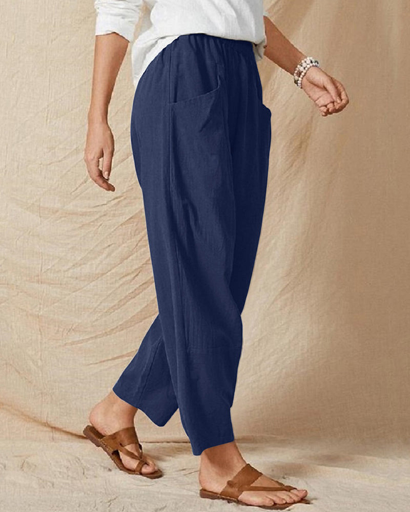 Solid Color Elastic Waist Cropped Wide Leg Pants Loose Trousers