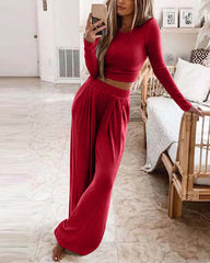 Two Pieces Sets Long Sleeve Crop Thread Top Casual High Waist Wide Leg Pants