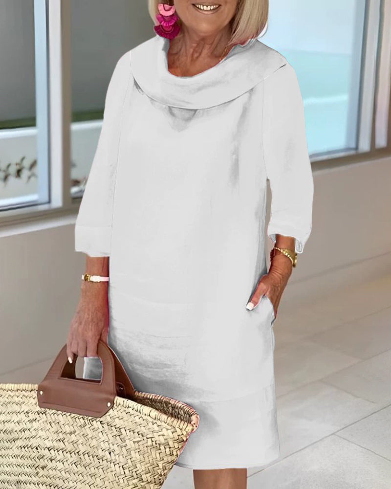 Stitching Round Neck Casual Style Solid Color Long Sleeve Dress