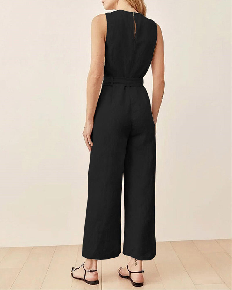 Solid Color Sleeveless Crew Neck Pockets Tie Jumpsuit