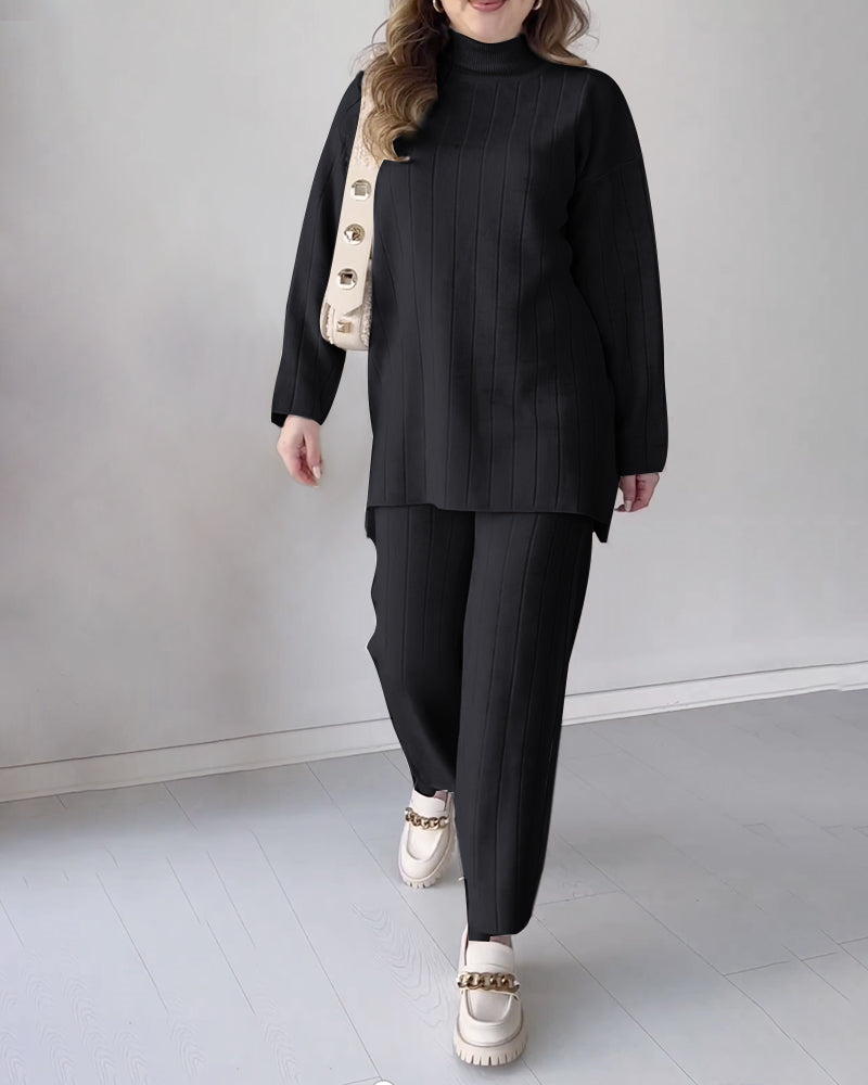 Solid Color Turtleneck Mid-length Casual Two-piece Sweater Set