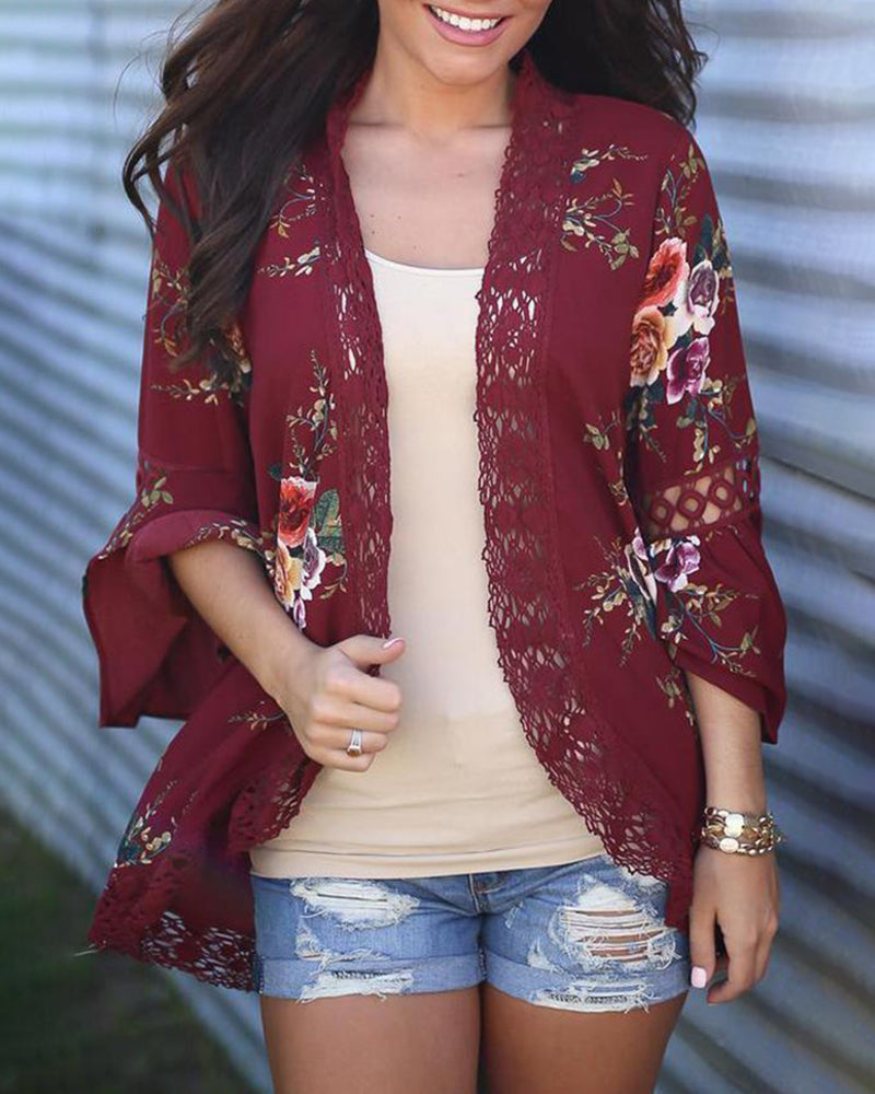 Flare Sleeve Floral Print Lace Blouse Cardigan