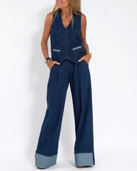 Casual Denim Two-piece Set Sleeveless Vest and Long Wide-leg Jeans Pants