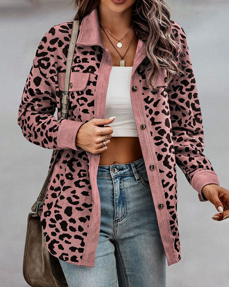 Leopard Jacket Long Sleeve Lapel Button Down Corduroy Shirts