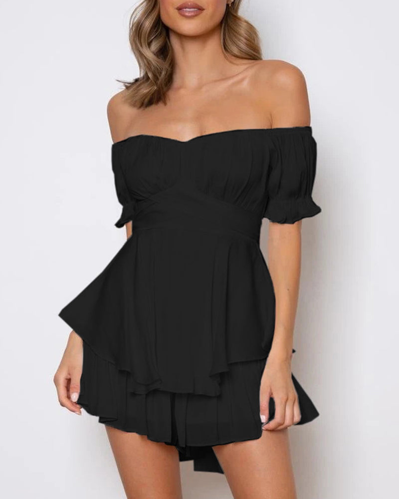 Off Shoulder Mini Rompers Solid Ruffle Hem Shorts Jumpsuit Dress