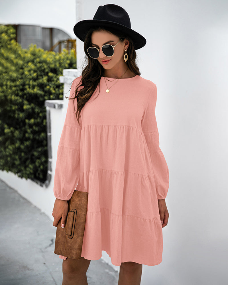 Long Puff Sleeve Shirt Dress Casual Crewneck Loose Fit Sundress Trendy Tiered Layer Summer Mini Dresses