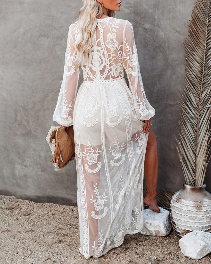 Floral Embroidery Lace Long Dress Deep V Neck Long Sleeve See Through Slit Elegant Holiday Dress